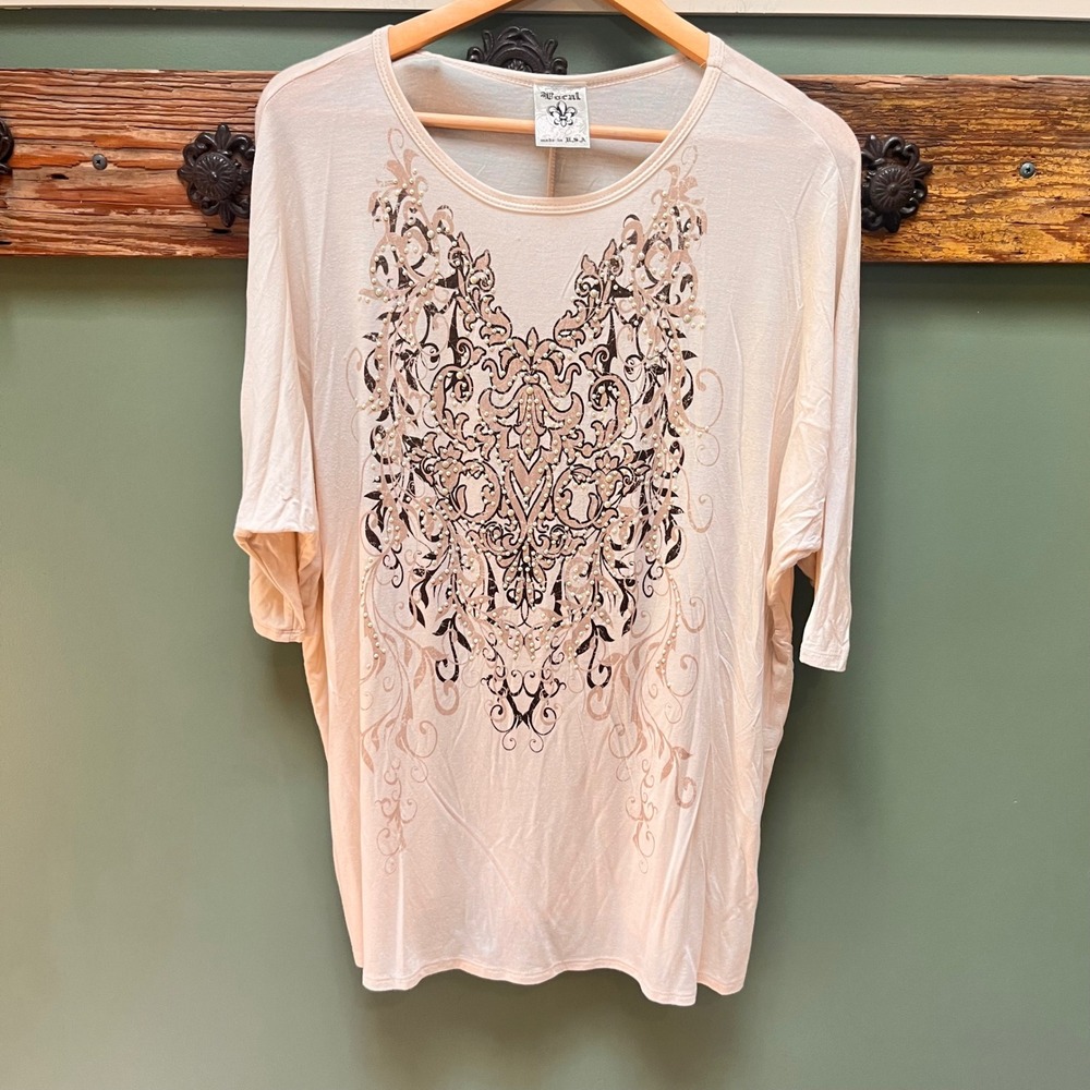 Vocal Womens Peach Damask Filigree Pearl Studded Dolman Top 14220S Size M USA